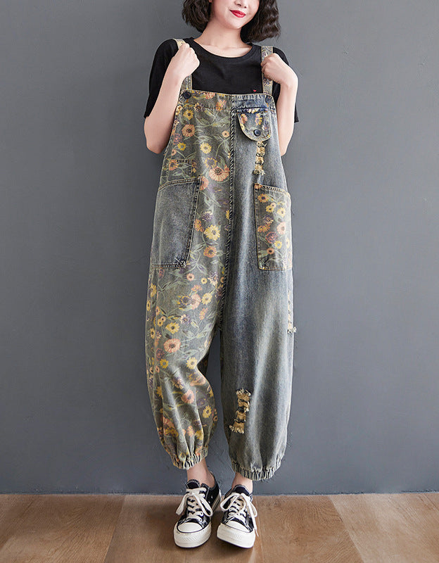 Casual Boho Floral Patchwork Denim Jumpsuit