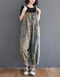 Casual Boho Floral Patchwork Denim Jumpsuit