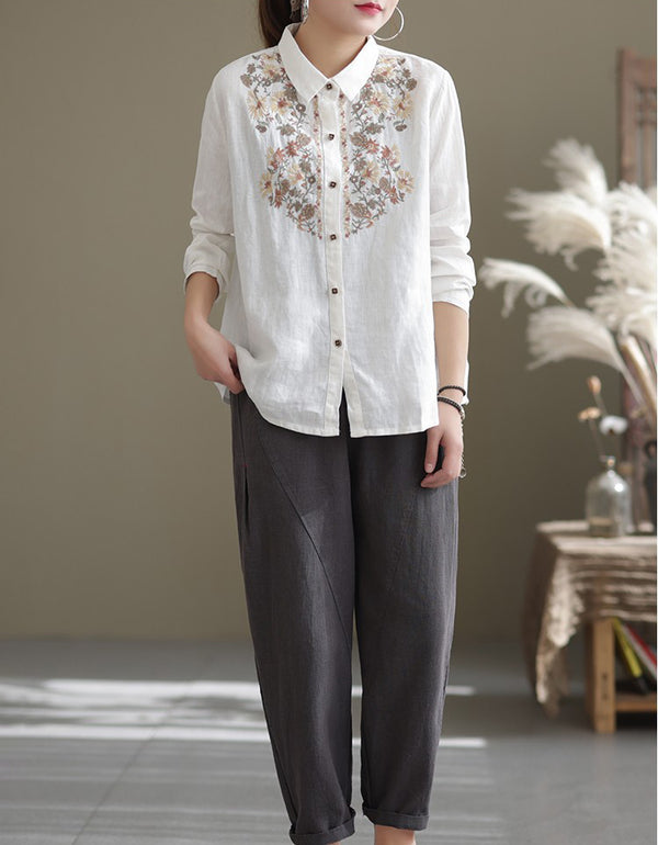 Casual Botanical Embroidery Ramie Linen Shirt