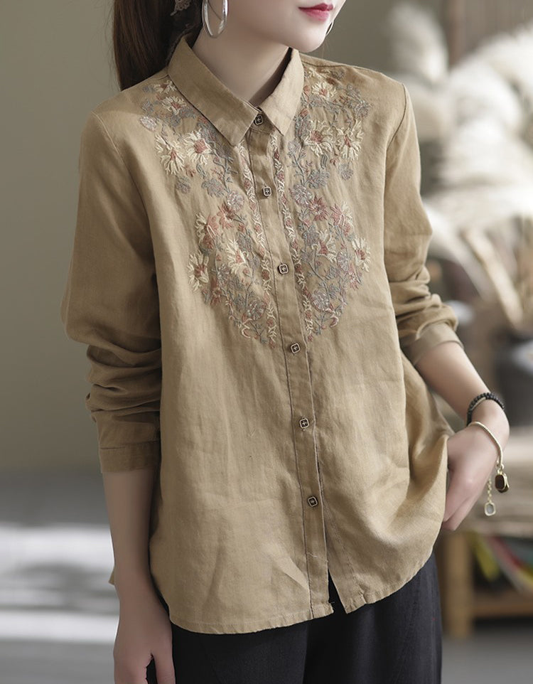 Casual Botanical Embroidery Ramie Linen Shirt