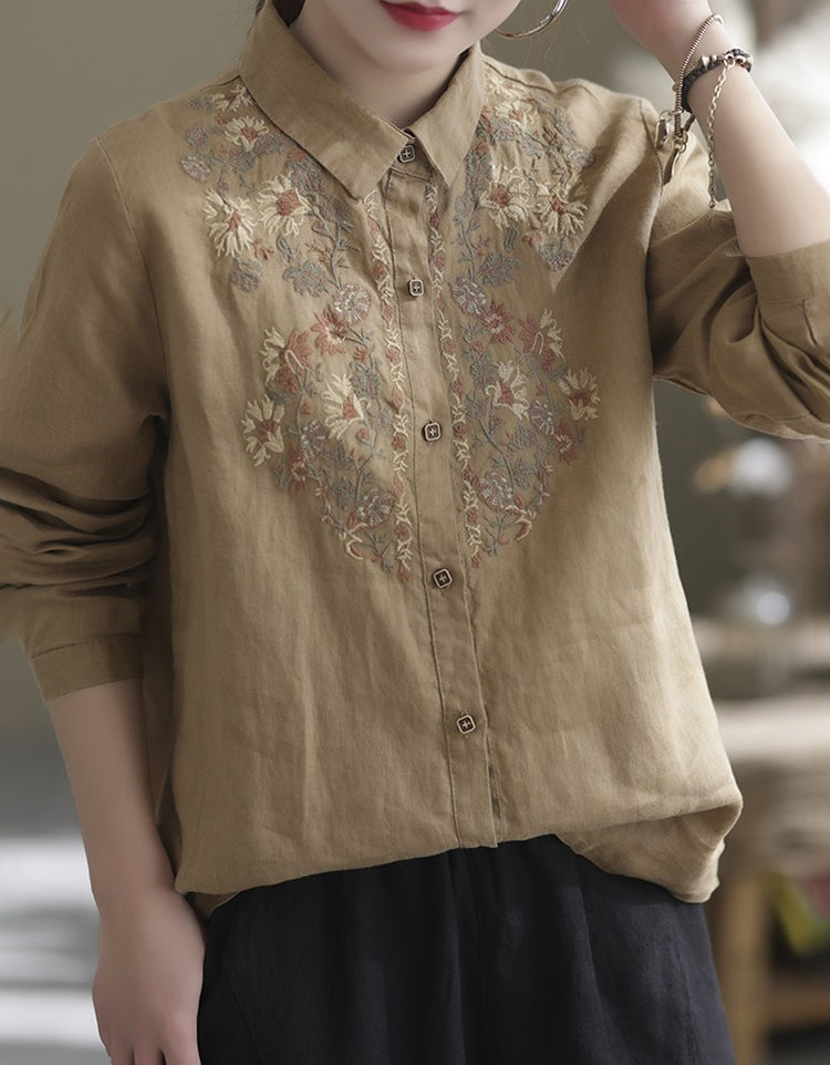 Casual Botanical Embroidery Ramie Linen Shirt
