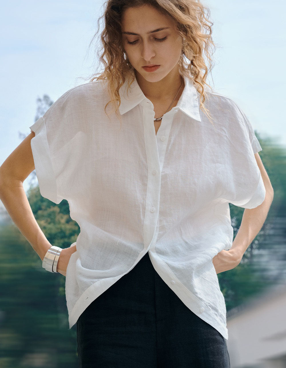 Loose Fit White Linen Button Shirt Women Casual