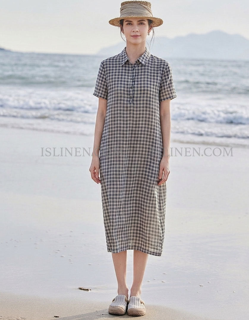 Women’s Plaid Linen Shirt Dress Casual Beach Midi