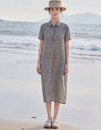 Women’s Plaid Linen Shirt Dress Casual Beach Midi