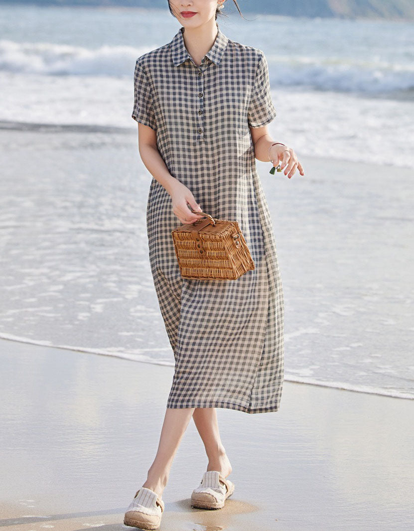 Checkered Linen Midi Dress Short Sleeve Summer Wea