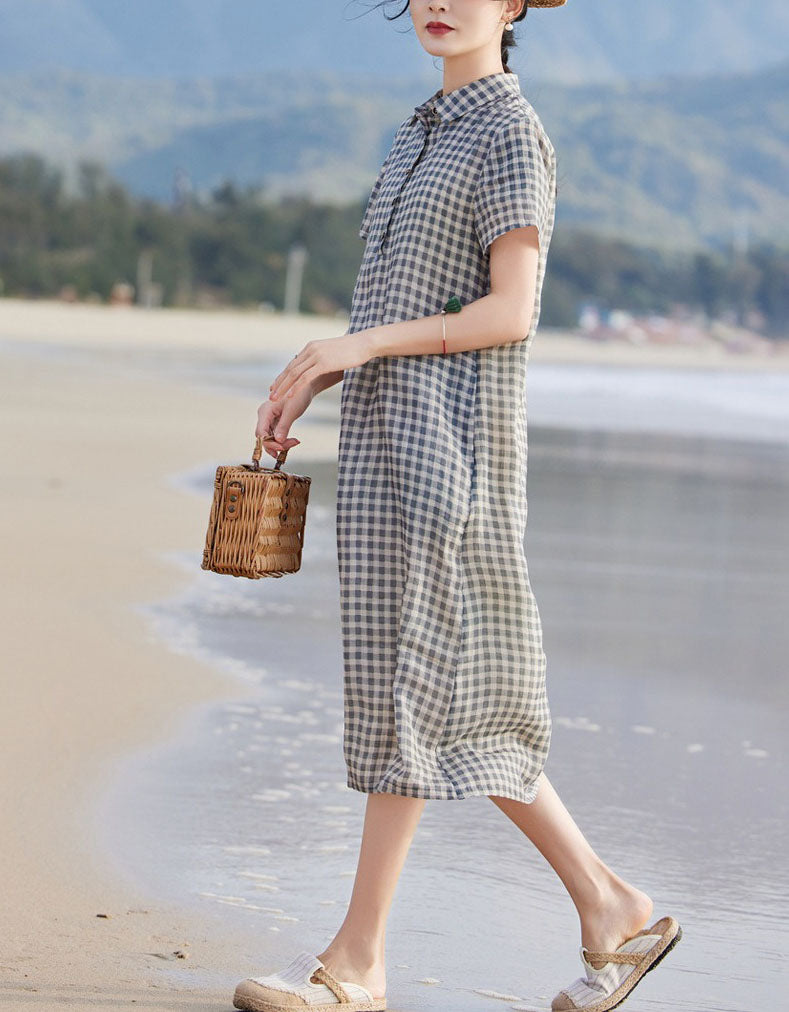 Casual Plaid Shirt Dress Women Lightweight Beachwear
