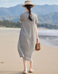 Women’s Linen Check Dress Button Front Summer Midi