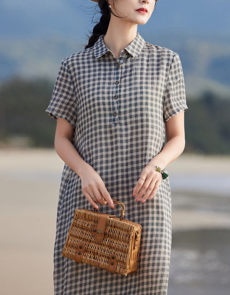 Minimalist Plaid Midi Dress Women Casual Beach Style