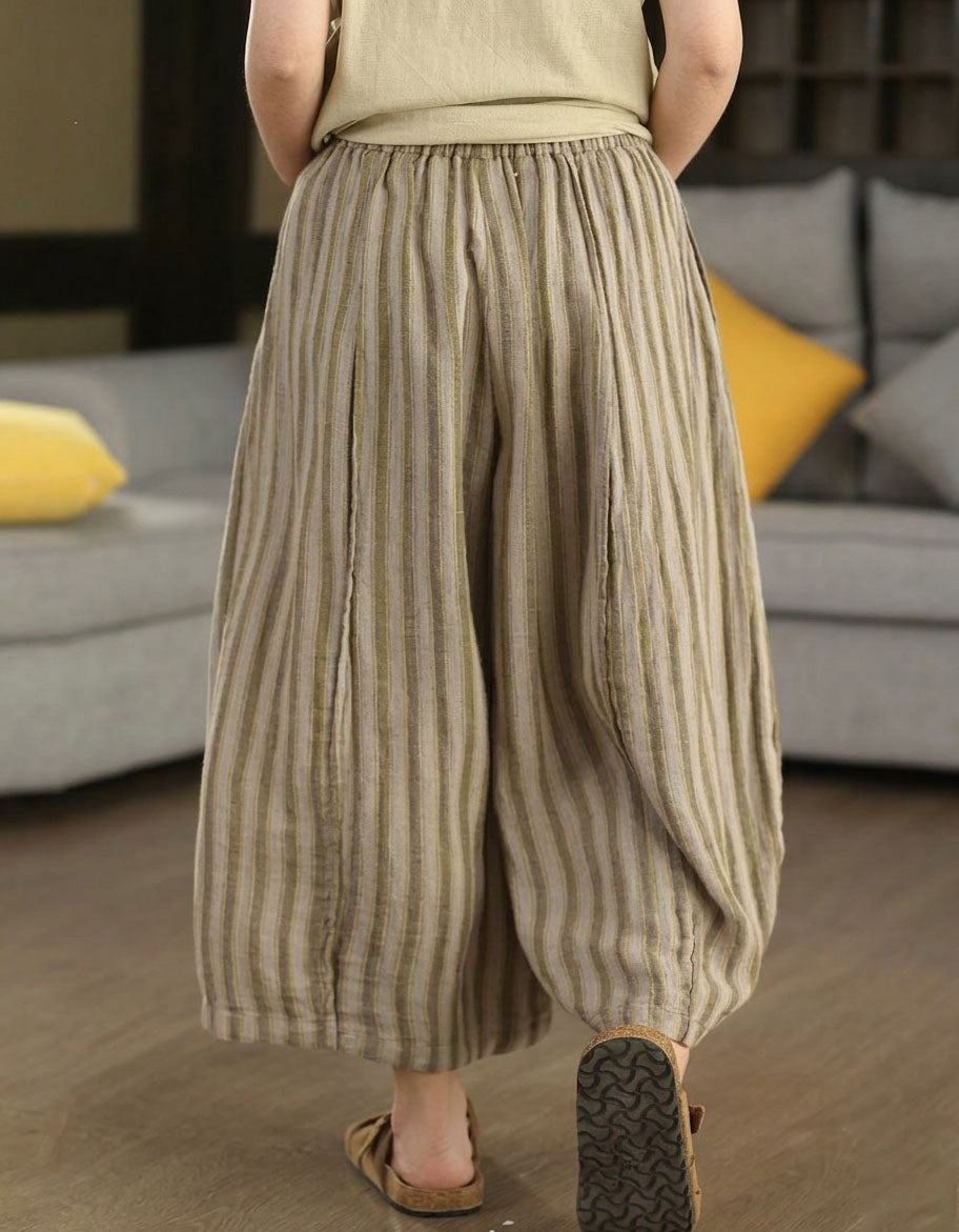 Women Relaxed Fit Striped Linen Cropped Trousers
