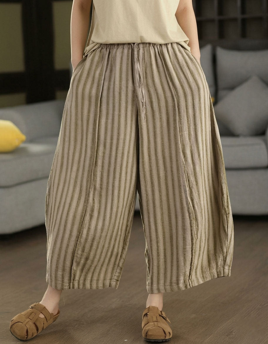 Women Loose Fit Striped Linen Palazzo Pants Casual