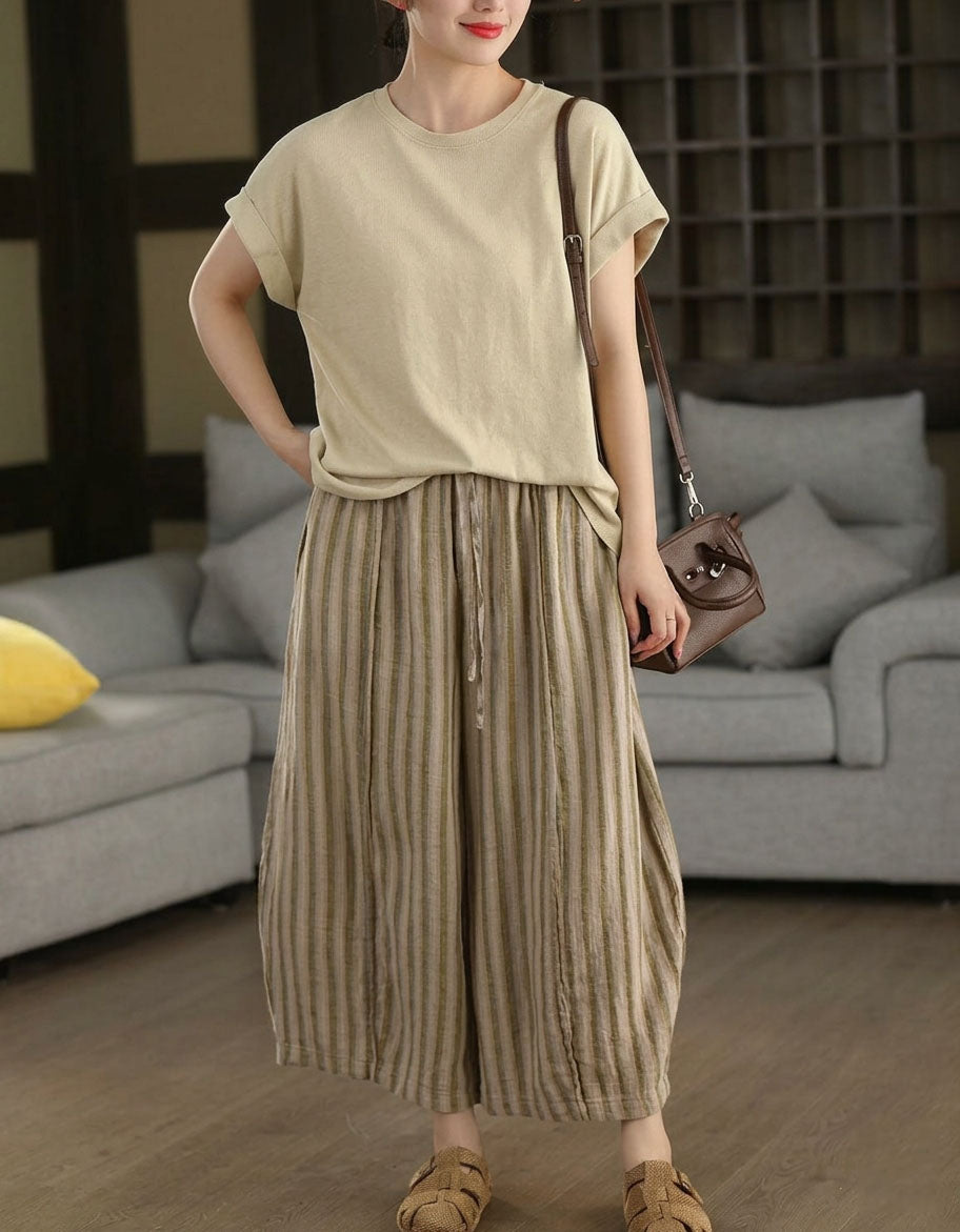 casual striped linen blend palazzo pants for women
