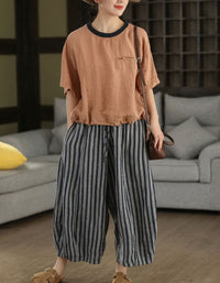 elastic waist loose fit linen trousers with pockets