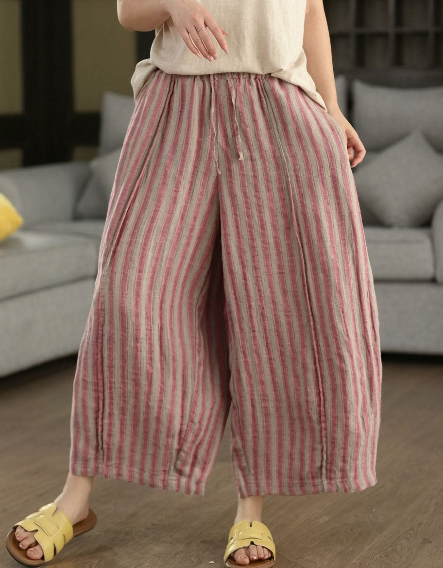 women vintage striped linen wide leg cropped pants