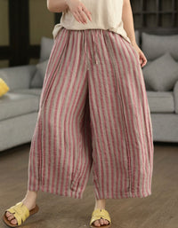 women vintage striped linen wide leg cropped pants