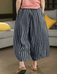 Vintage Stripe Elastic Waist Linen Wide Leg Pants