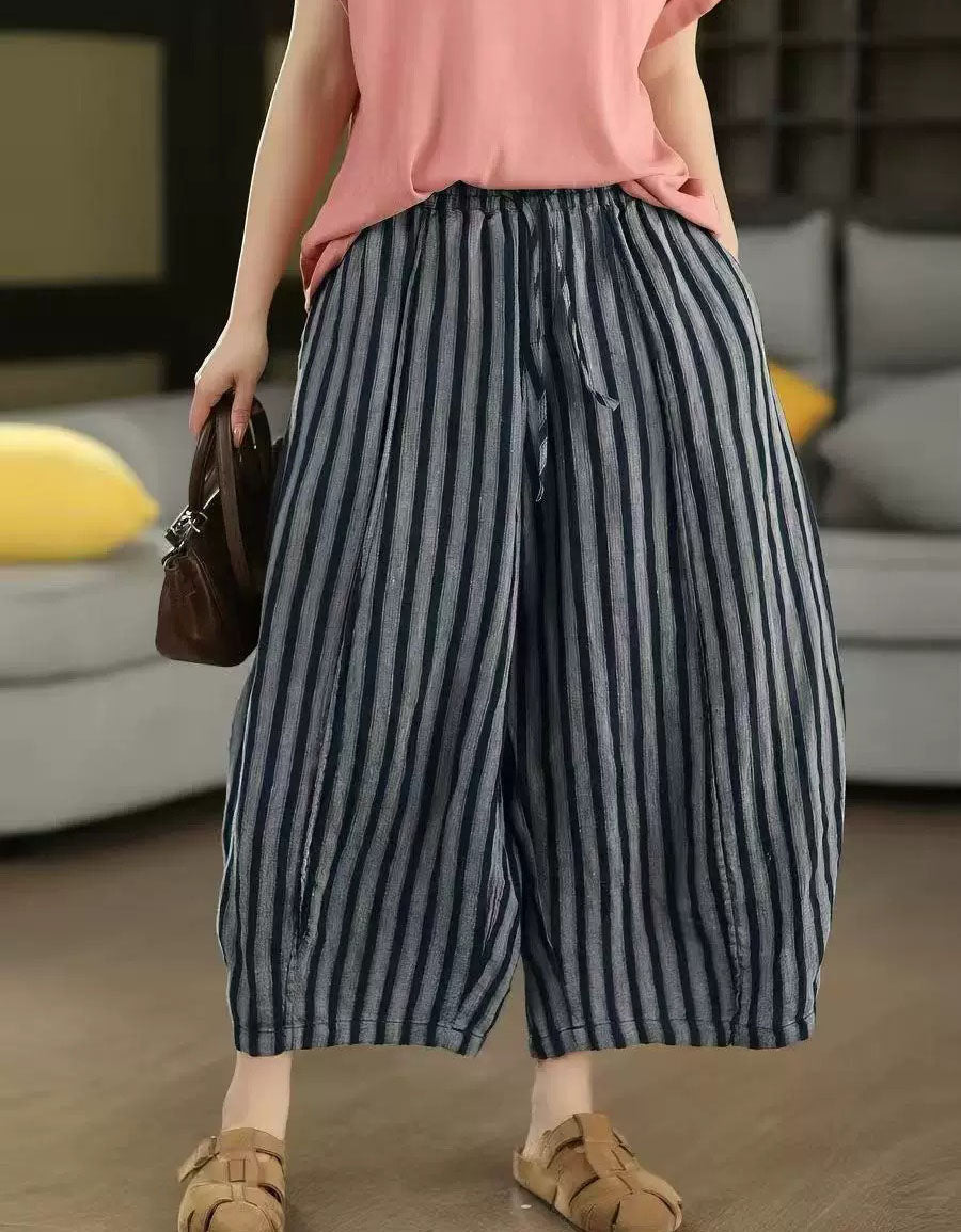 Casual Striped Linen Blend Wide Leg Women Trousers