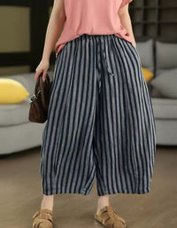 Casual Striped Linen Blend Wide Leg Women Trousers