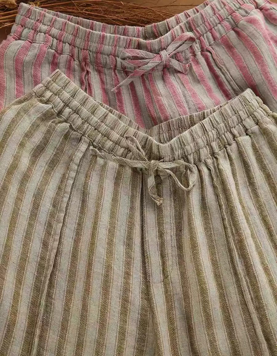 Women Breathable Striped Linen Blend Palazzo Pants