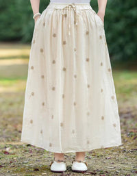 Casual Chic Floral Embroidered Ramie Linen Maxi Skirt