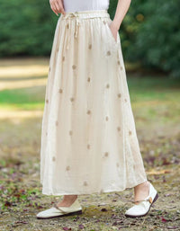 Casual Chic Floral Embroidered Ramie Linen Maxi Skirt