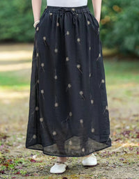Casual Chic Floral Embroidered Ramie Linen Maxi Skirt