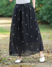 Casual Chic Floral Embroidered Ramie Linen Maxi Skirt