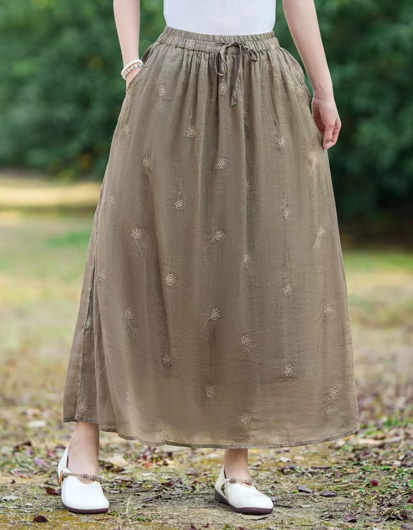 Casual Chic Floral Embroidered Ramie Linen Maxi Skirt