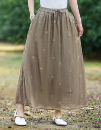 Casual Chic Floral Embroidered Ramie Linen Maxi Skirt