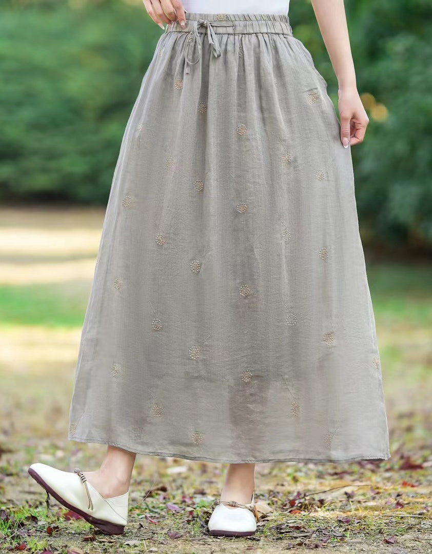 Casual Chic Floral Embroidered Ramie Linen Maxi Skirt