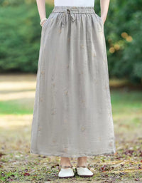 Casual Chic Floral Embroidered Ramie Linen Maxi Skirt