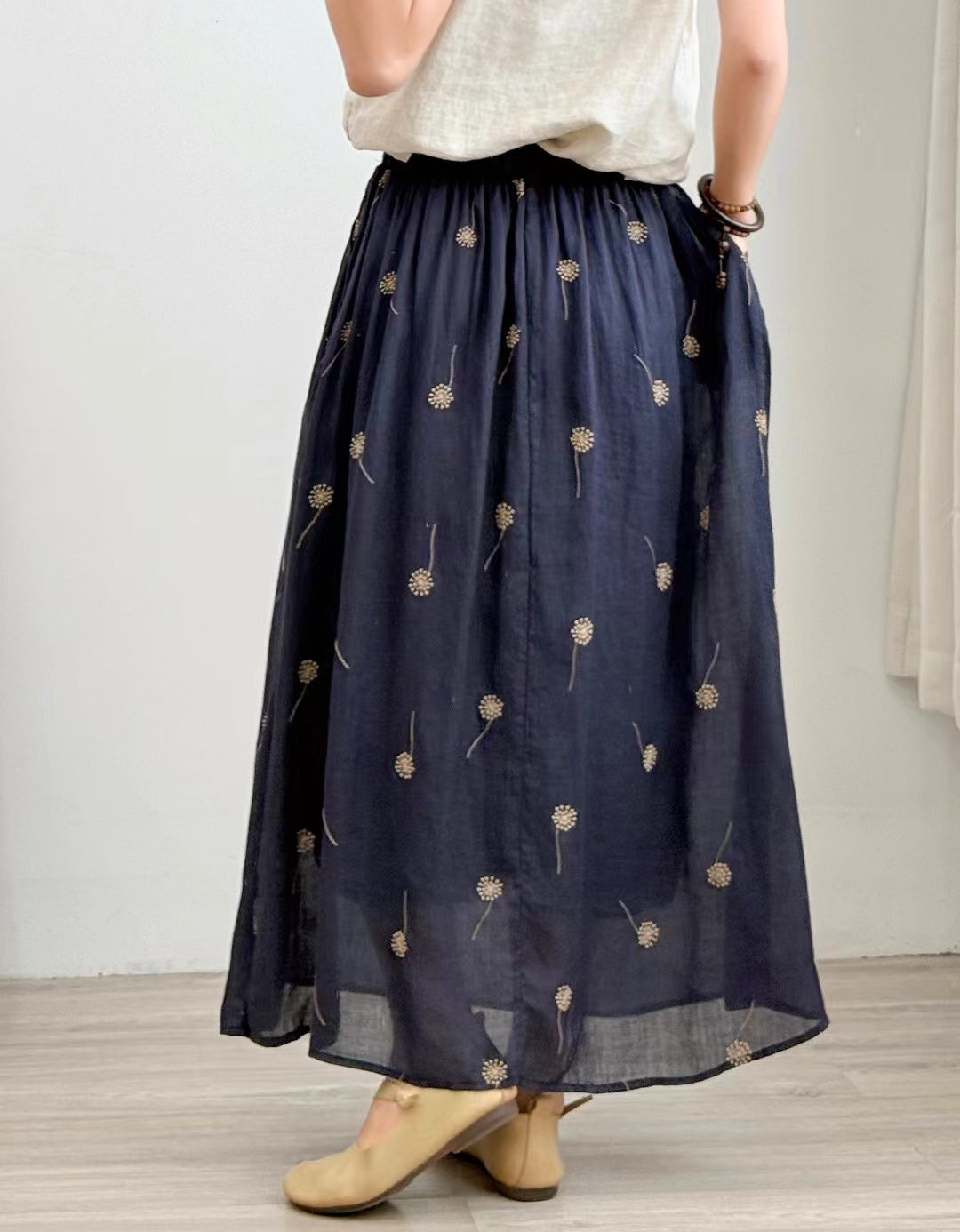 Casual Chic Floral Embroidered Ramie Linen Maxi Skirt