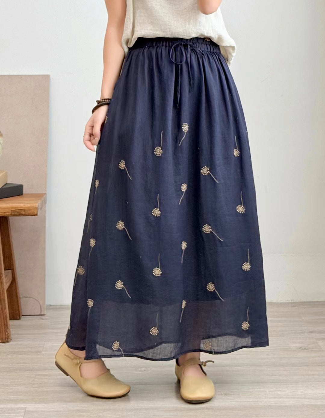 Casual Chic Floral Embroidered Ramie Linen Maxi Skirt