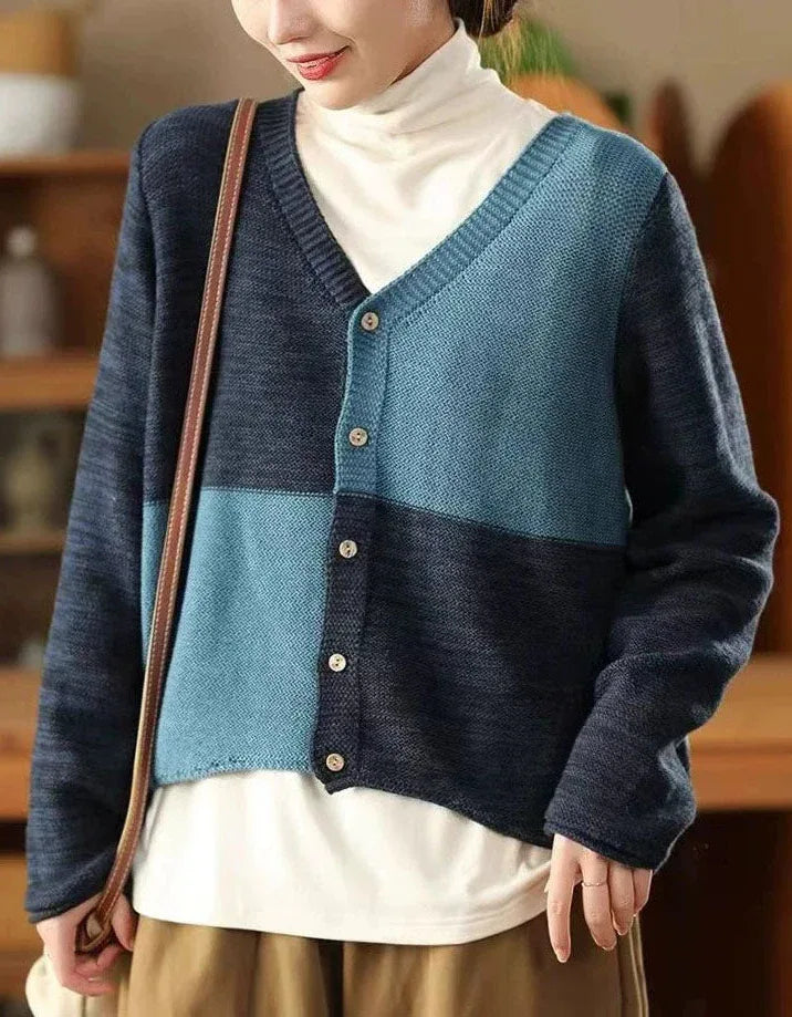 Casual Color Block V-Neck Sweater Cardigan - Islinen