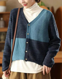 Casual Color Block V-Neck Sweater Cardigan - Islinen