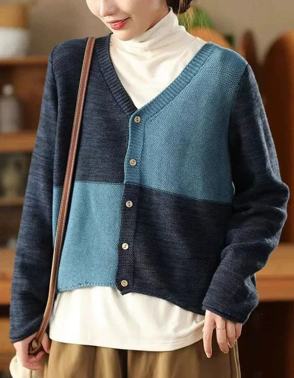 Casual Color Block V-Neck Sweater Cardigan - Islinen