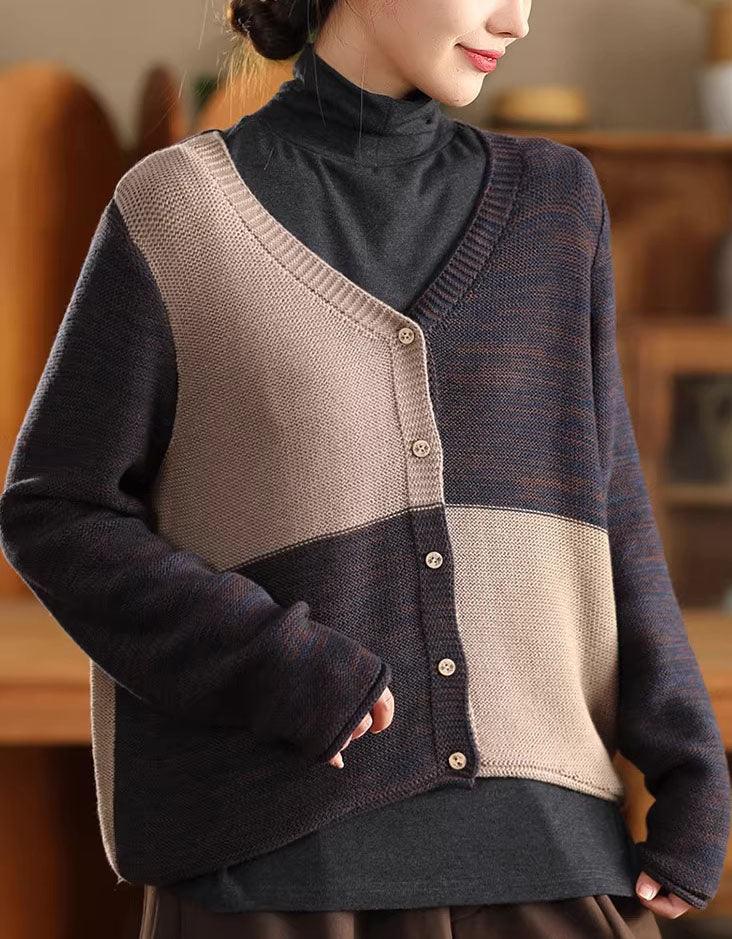 Casual Color Block V-Neck Sweater Cardigan - Islinen