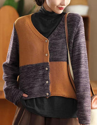 Casual Color Block V-Neck Sweater Cardigan - Islinen