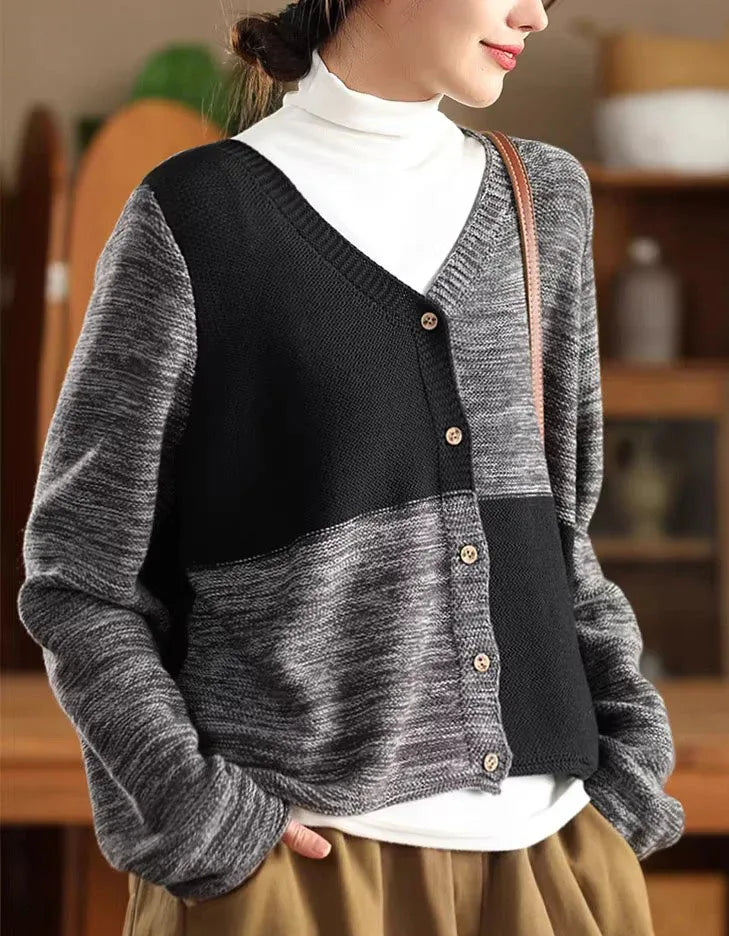 Casual Color Block V-Neck Sweater Cardigan - Islinen