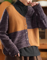 Casual Color Block V-Neck Sweater Cardigan - Islinen