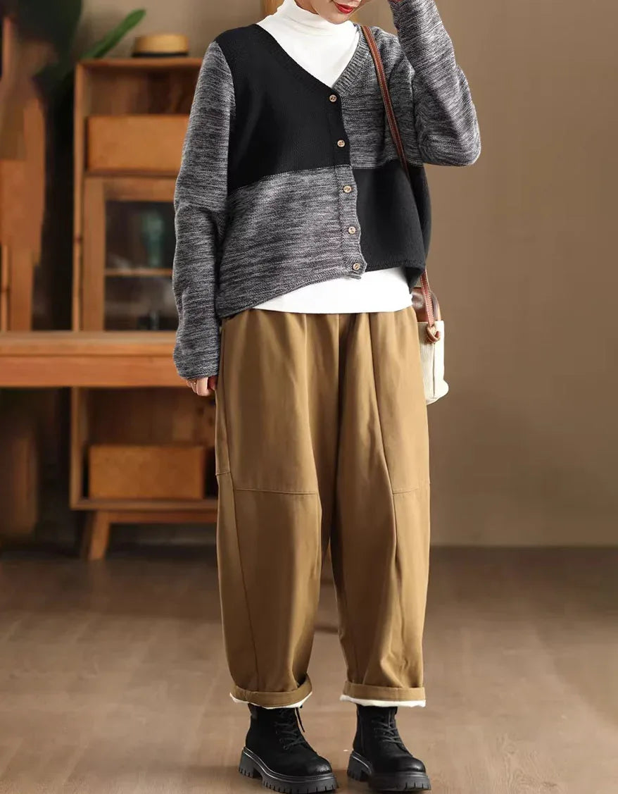Casual Color Block V-Neck Sweater Cardigan - Islinen