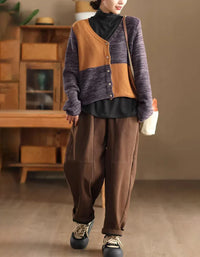 Casual Color Block V-Neck Sweater Cardigan - Islinen