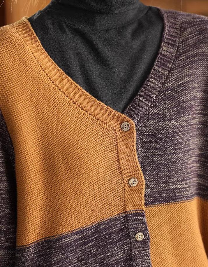 Casual Color Block V-Neck Sweater Cardigan - Islinen