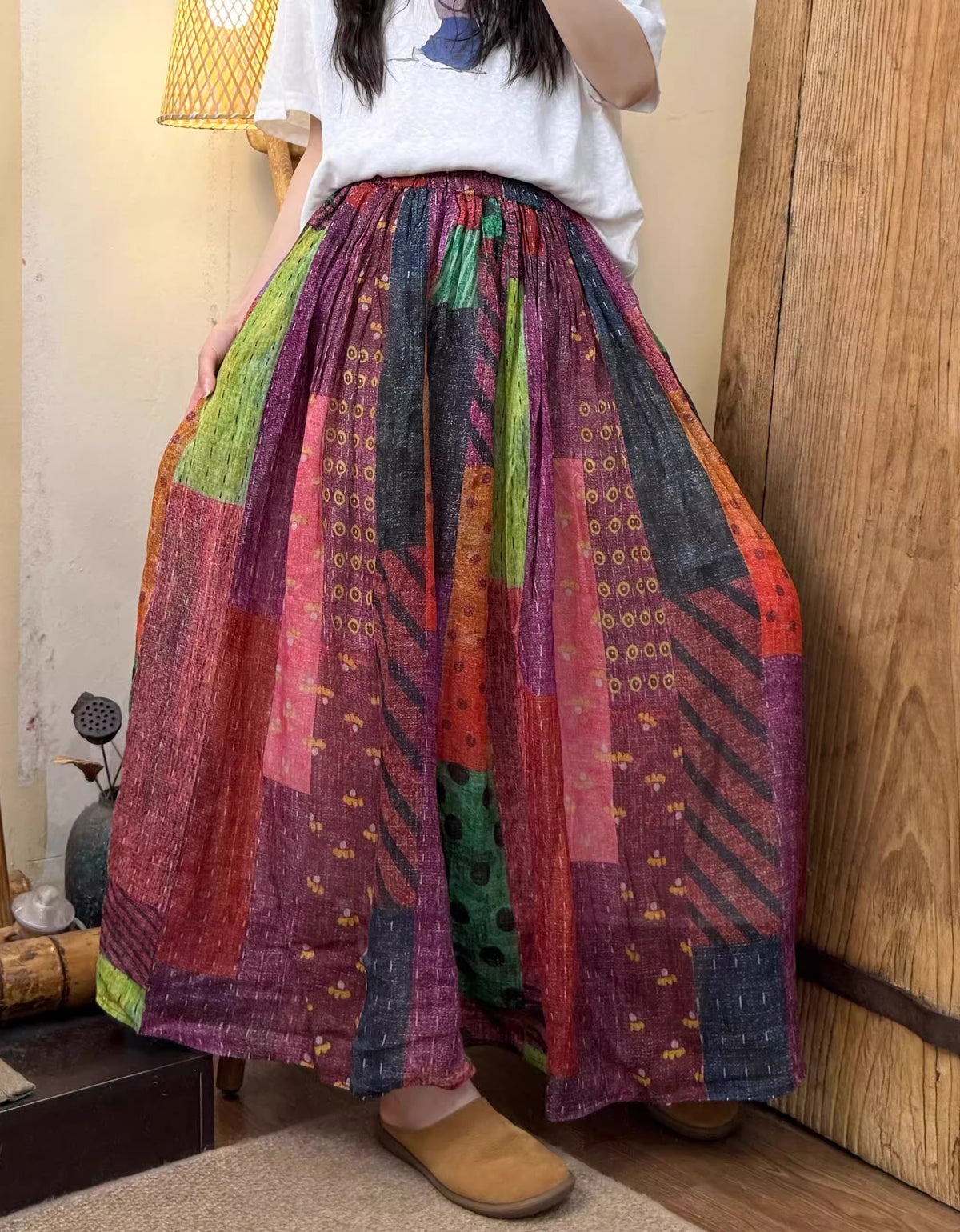 Casual Colorful Retro Patchwork Long Skirt