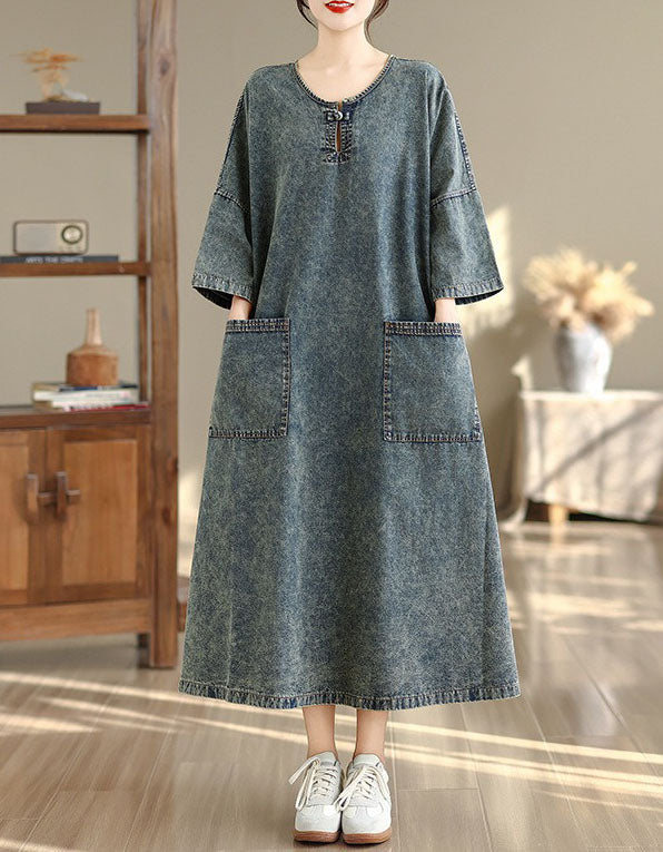 Main Image:
Women’s denim maxi dress loose fit with front pockets casual style