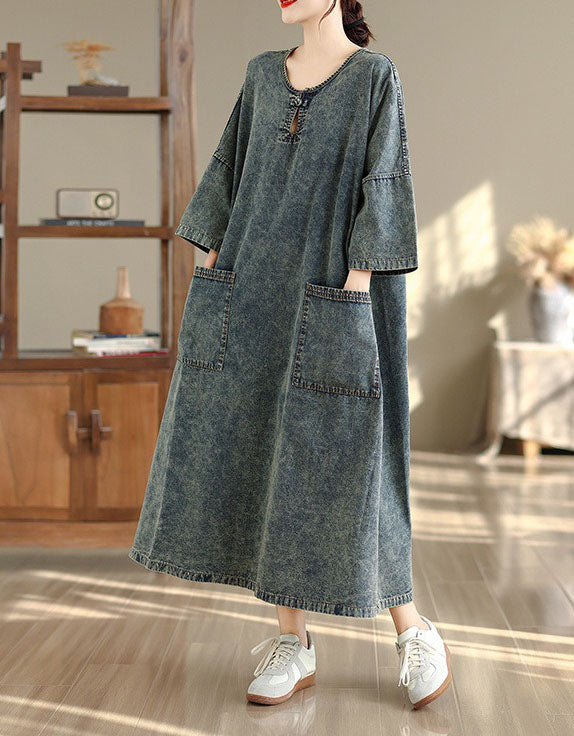 casual denim maxi dress for women loose fit pockets side view