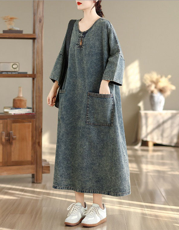Full-length shot of women’s denim maxi dress casual style with loose fit