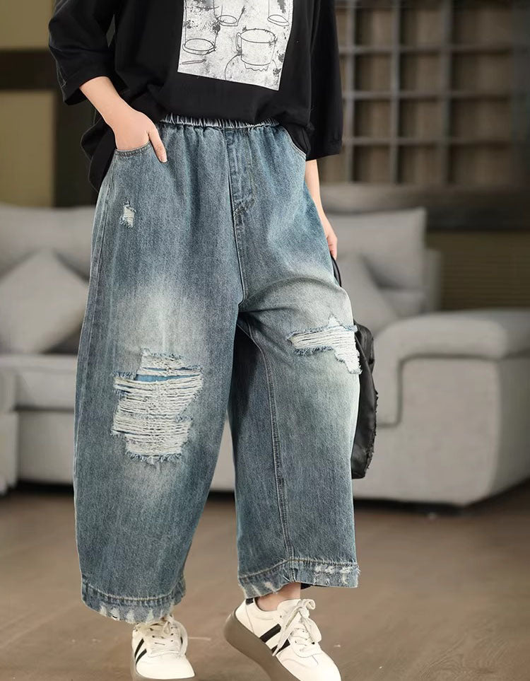 Casual Ripped Denim Pants Women Elastic Waist Loose