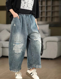 Casual Ripped Denim Pants Women Elastic Waist Loose