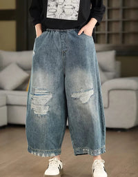 Women distressed wide leg denim pants elastic waist front view