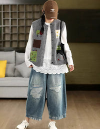 Women Distressed Wide Leg Denim Pants Elastic Waist